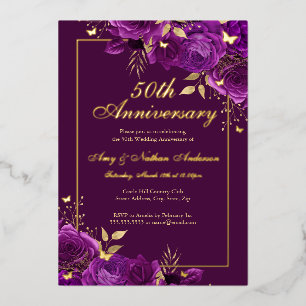 Floral Butterfly Purple 50th Wedding Anniversary Foil Invitation