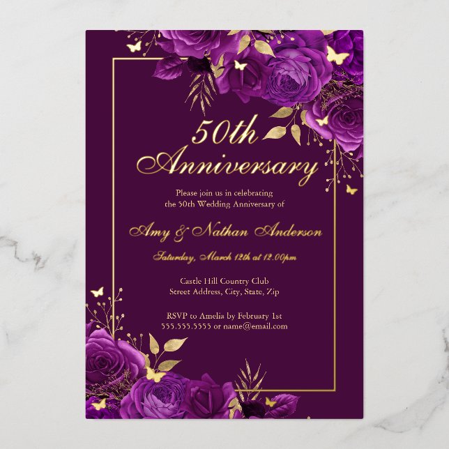 Floral Butterfly Purple 50th Wedding Anniversary Foil Invitation (Front)
