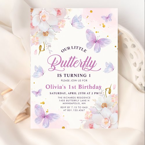 Floral Butterfly Purple Girl Birthday  Invitation