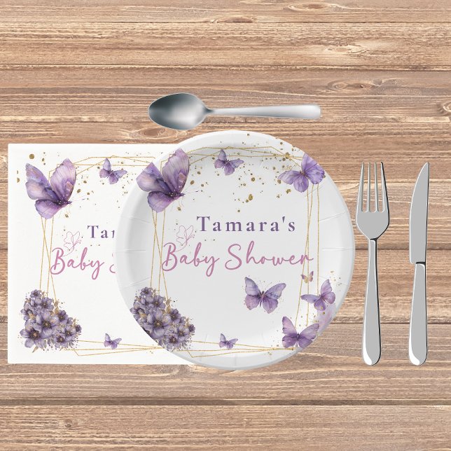 Floral Butterfly Purple Gold Baby Shower Party Paper Plates (Creator Uploaded)