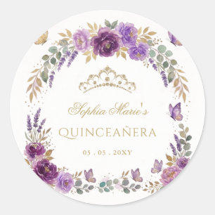 Floral Butterfly Purple Gold Tiara Quinceañera Classic Round Sticker