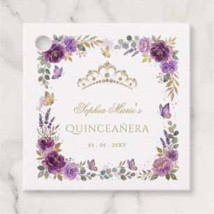 Floral Butterfly Purple Gold Tiara Quinceañera Favor Tags