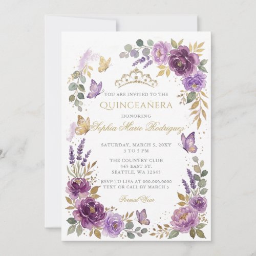Floral Butterfly Purple Gold Tiara Quinceañera Invitation