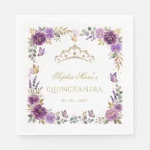 Floral Butterfly Purple Gold Tiara Quinceañera Napkins