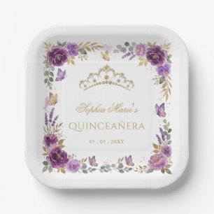 Floral Butterfly Purple Gold Tiara Quinceañera Paper Plates