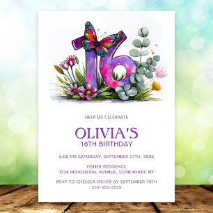 Floral Butterfly Purple Pink 16th Birthday Party Invitation