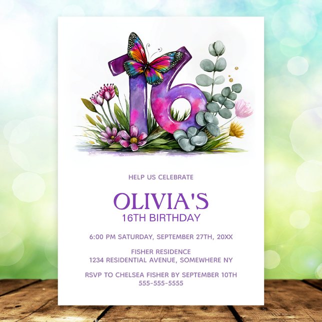Floral Butterfly Purple Pink 16th Birthday Party Invitation (Creator Uploaded)