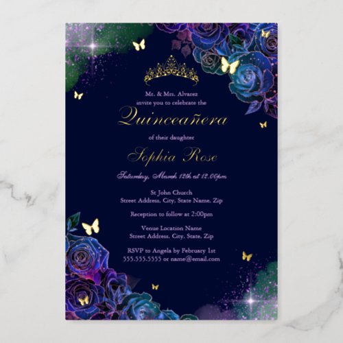 Floral Butterfly Rainbow Gold Quinceanera Foil Invitation