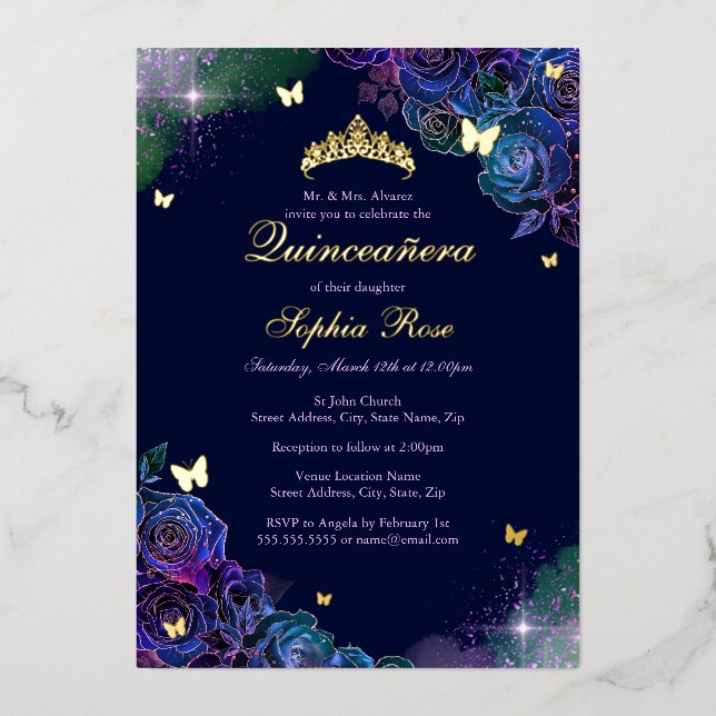 Floral Butterfly Rainbow Gold Quinceanera Foil Invitation (Front)