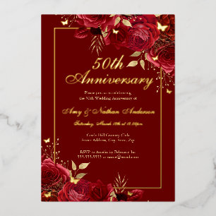 Floral Butterfly Red 50th Wedding Anniversary Foil Invitation