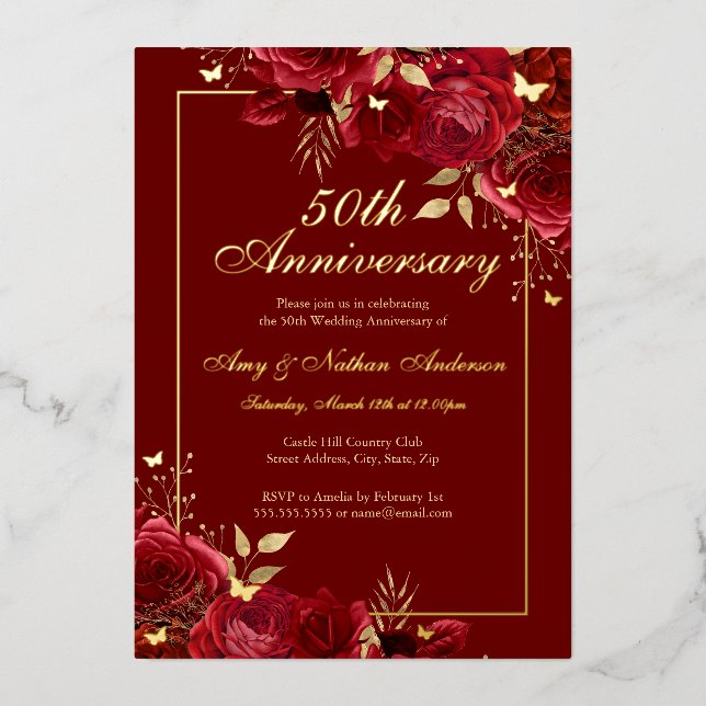 Floral Butterfly Red 50th Wedding Anniversary Foil Invitation (Front)