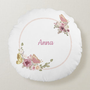 Floral Butterfly Rose Gold – Custom Name Round Pillow