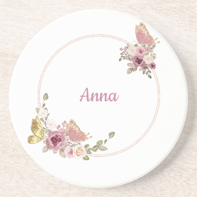 Floral Butterfly Rose Gold – Elegant Custom Design Coaster (Front)