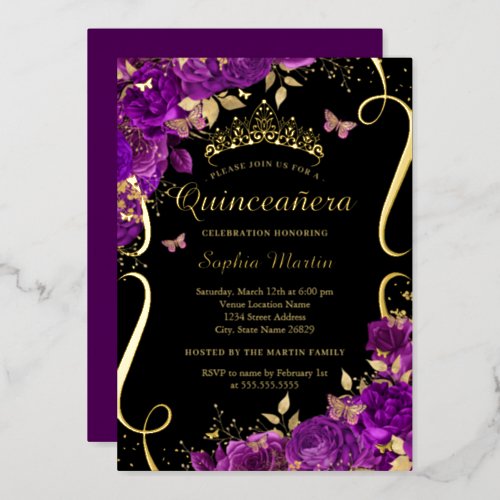 Floral Butterfly Scroll Purple Black Quinceanera  Foil Invitation