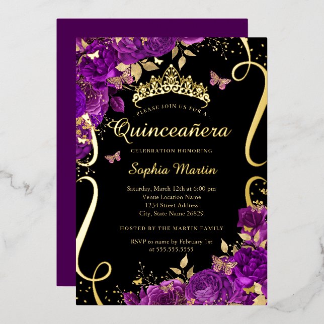 Floral Butterfly Scroll Purple Black Quinceanera  Foil Invitation (Front/Back)