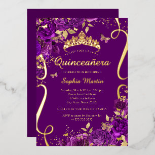 Floral Butterfly Scroll Purple Quinceanera  Foil Invitation