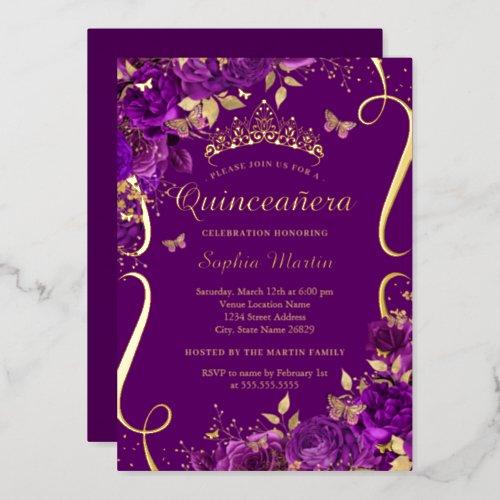 Floral Butterfly Scroll Purple Quinceanera  Foil Invitation