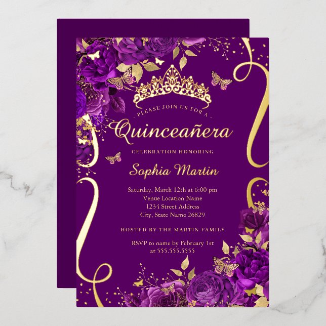Floral Butterfly Scroll Purple Quinceanera  Foil Invitation (Front/Back)