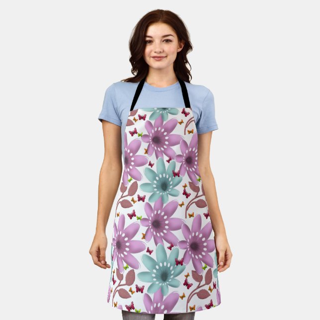 Floral Butterfly Seamless Pattern | Pink and Mint  Apron (Worn)