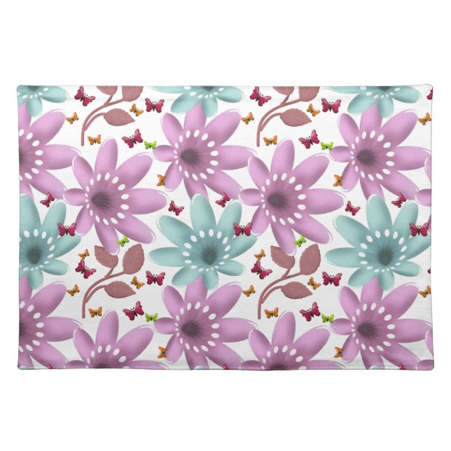Floral Butterfly Seamless Pattern | Pink and Mint  Cloth Placemat (Front)