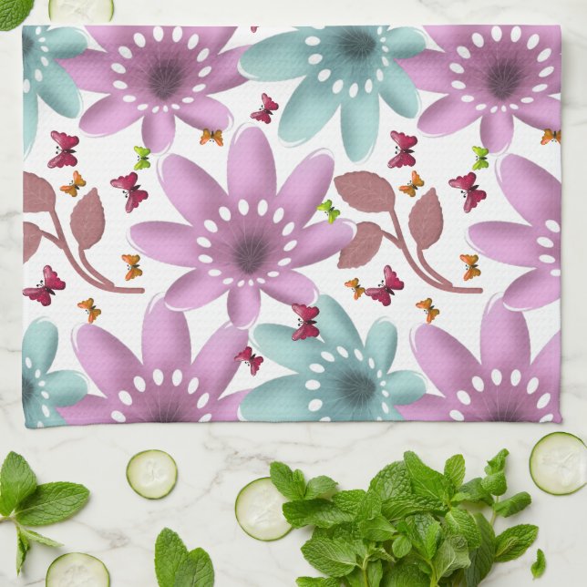 Floral Butterfly Seamless Pattern | Pink and Mint  Kitchen Towel (Folded)