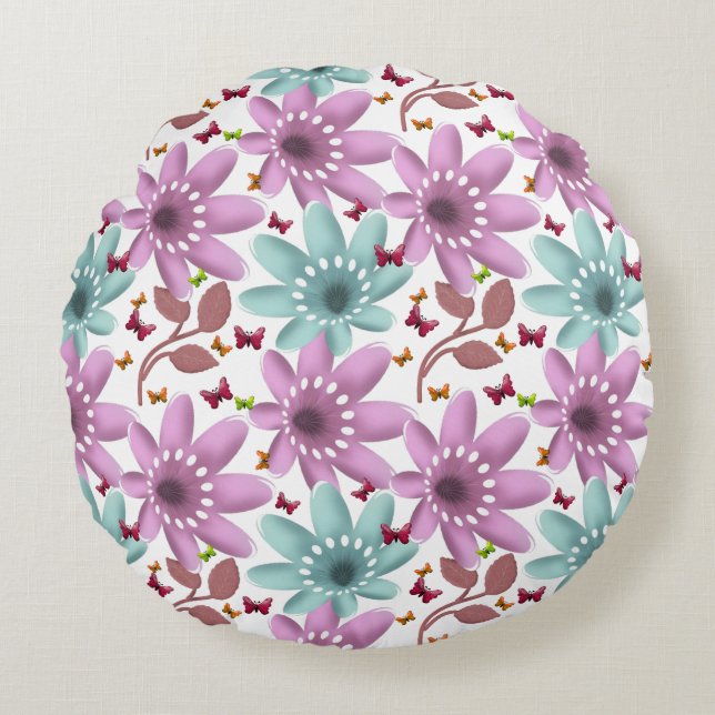 Floral Butterfly Seamless Pattern | Pink and Mint  Round Pillow (Front)