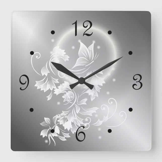 Floral Butterfly Silver Numbers Square Wall Clock | Zazzle