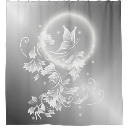 Floral Butterfly Silver White Fantasy Shower Curtain