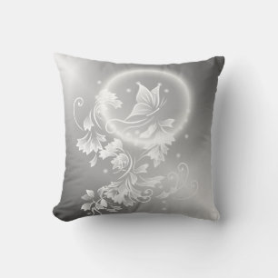 Floral Butterfly Silver White Fantasy Throw Pillow
