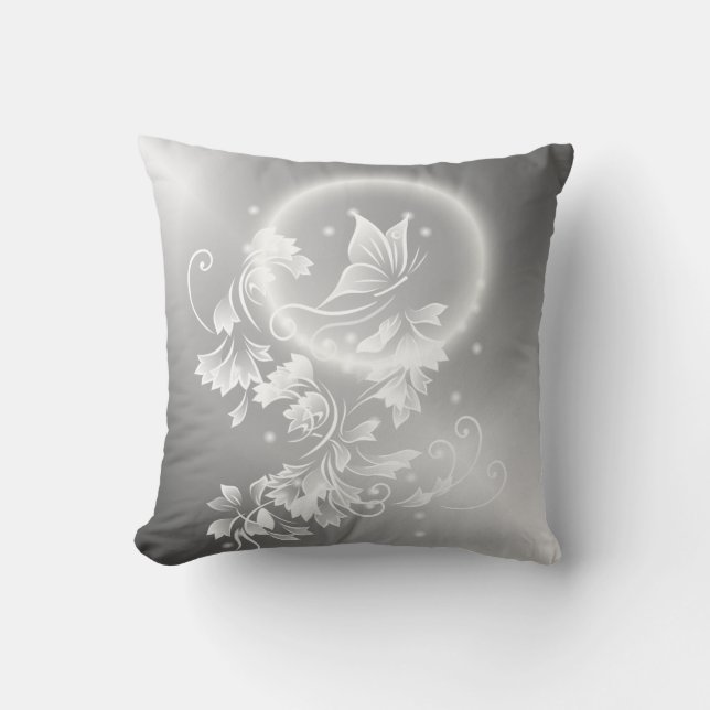Floral Butterfly Silver White Fantasy Throw Pillow (Front)
