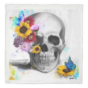 Floral butterfly skull on black and white duvet cover