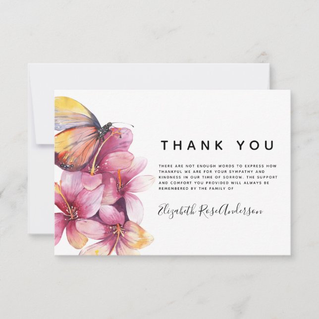 Floral Butterfly Sympathy Funeral Thank You Note Card (Front)