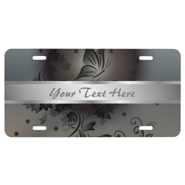Floral Butterfly Taupe Black License Plate (Front)