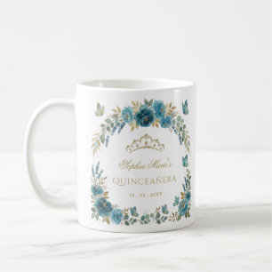 Floral Butterfly Teal Gold Tiara Quinceañera Coffee Mug