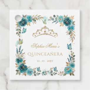 Floral Butterfly Teal Gold Tiara Quinceañera Favor Tags
