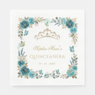 Floral Butterfly Teal Gold Tiara Quinceañera Napkins