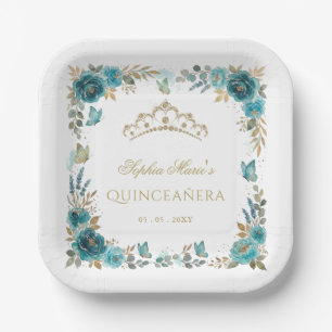 Floral Butterfly Teal Gold Tiara Quinceañera Paper Plates