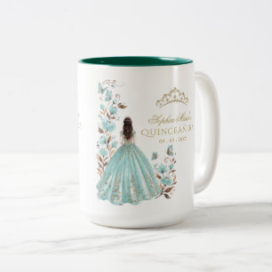 Floral Butterfly Teal Gold Tiara Quinceañera Two-Tone Coffee Mug