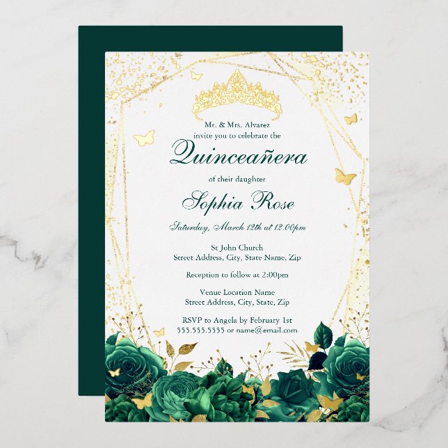 Floral Butterfly Tiara Emerald Quinceanera Foil Invitation (Front/Back)