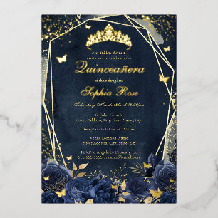 Floral Butterfly Tiara Gold Navy Quinceanera Foil Invitation