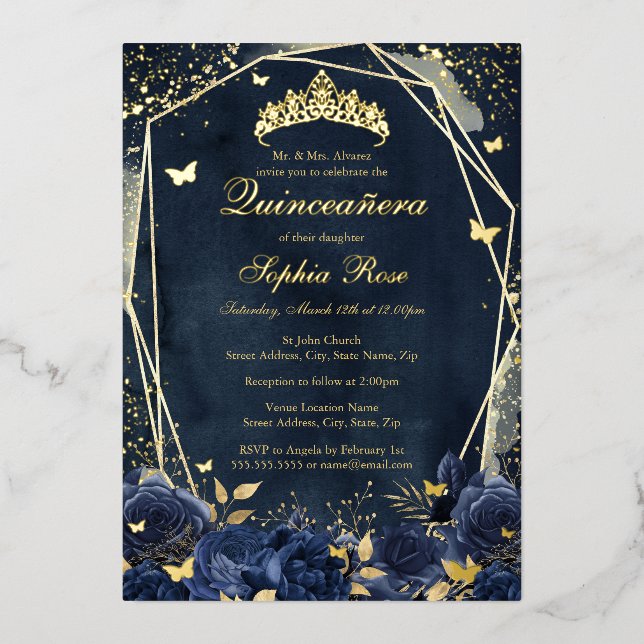 Floral Butterfly Tiara Gold Navy Quinceanera Foil Invitation (Front)