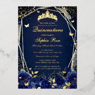 Floral Butterfly Tiara Navy Quinceanera Foil Invitation