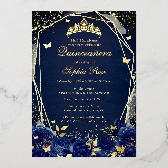 Floral Butterfly Tiara Navy Quinceanera Foil Invitation (Front)