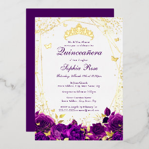 Floral Butterfly Tiara Purple Quinceanera Foil Invitation
