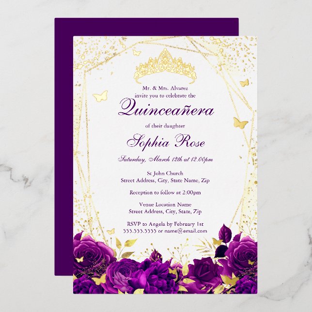 Floral Butterfly Tiara Purple Quinceanera Foil Invitation (Front/Back)