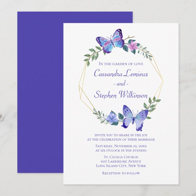 Floral Butterfly Wedding Navy Blue Butterflies Invitation (Front/Back)