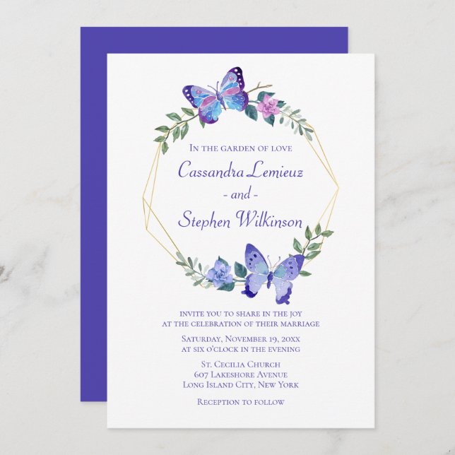 Floral Butterfly Wedding Navy Blue Butterflies Invitation (Front/Back)