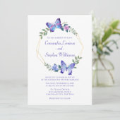 Floral Butterfly Wedding Navy Blue Butterflies Invitation (Standing Front)
