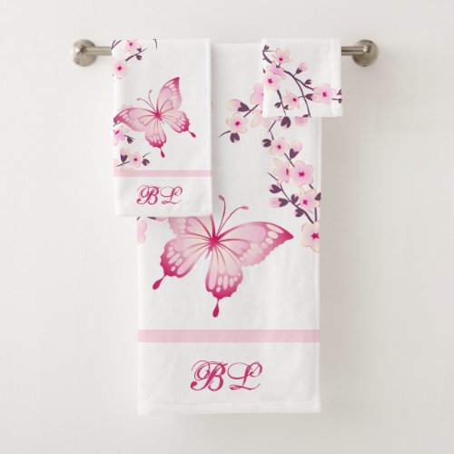Floral Butterfly White  Hot Pink Monogram Bath Towel Set
