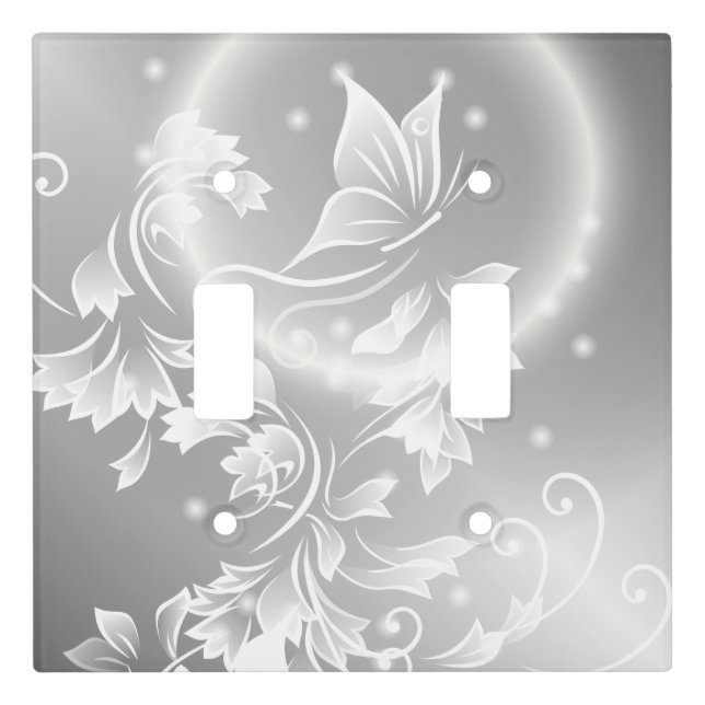 Floral Butterfly  White Silver Fantasy Light Switch Cover (Front)